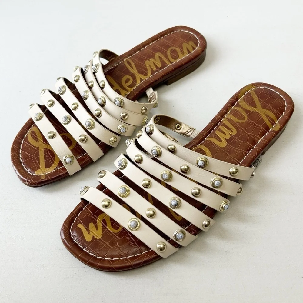 Sam Edelman Brea Sandal Studded Leather Flat Slides Modern Ivory Size 7.5 - Picture 7 of 13
